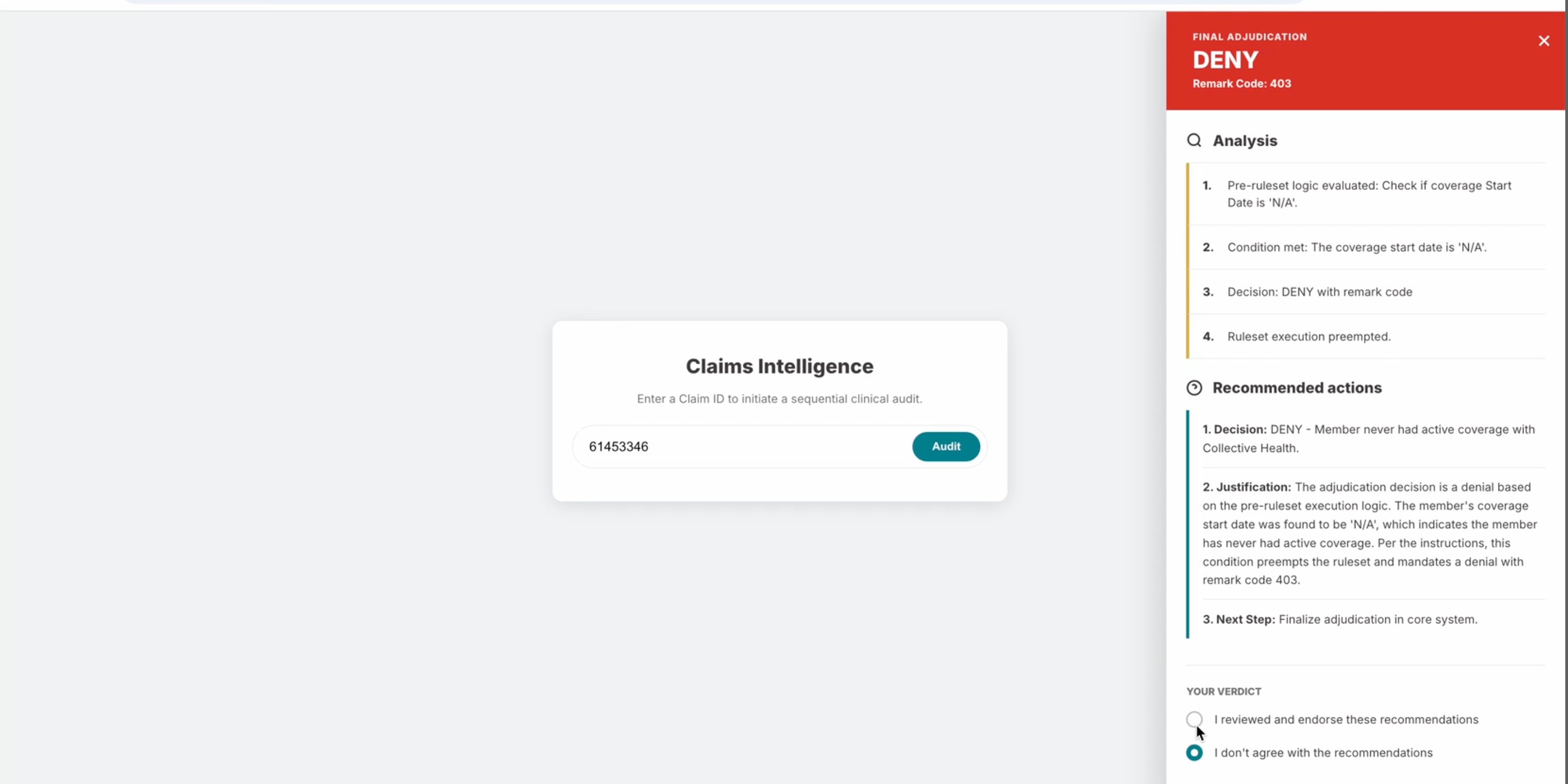 Engineering first concept: chat prompt interface with large red DENY panel