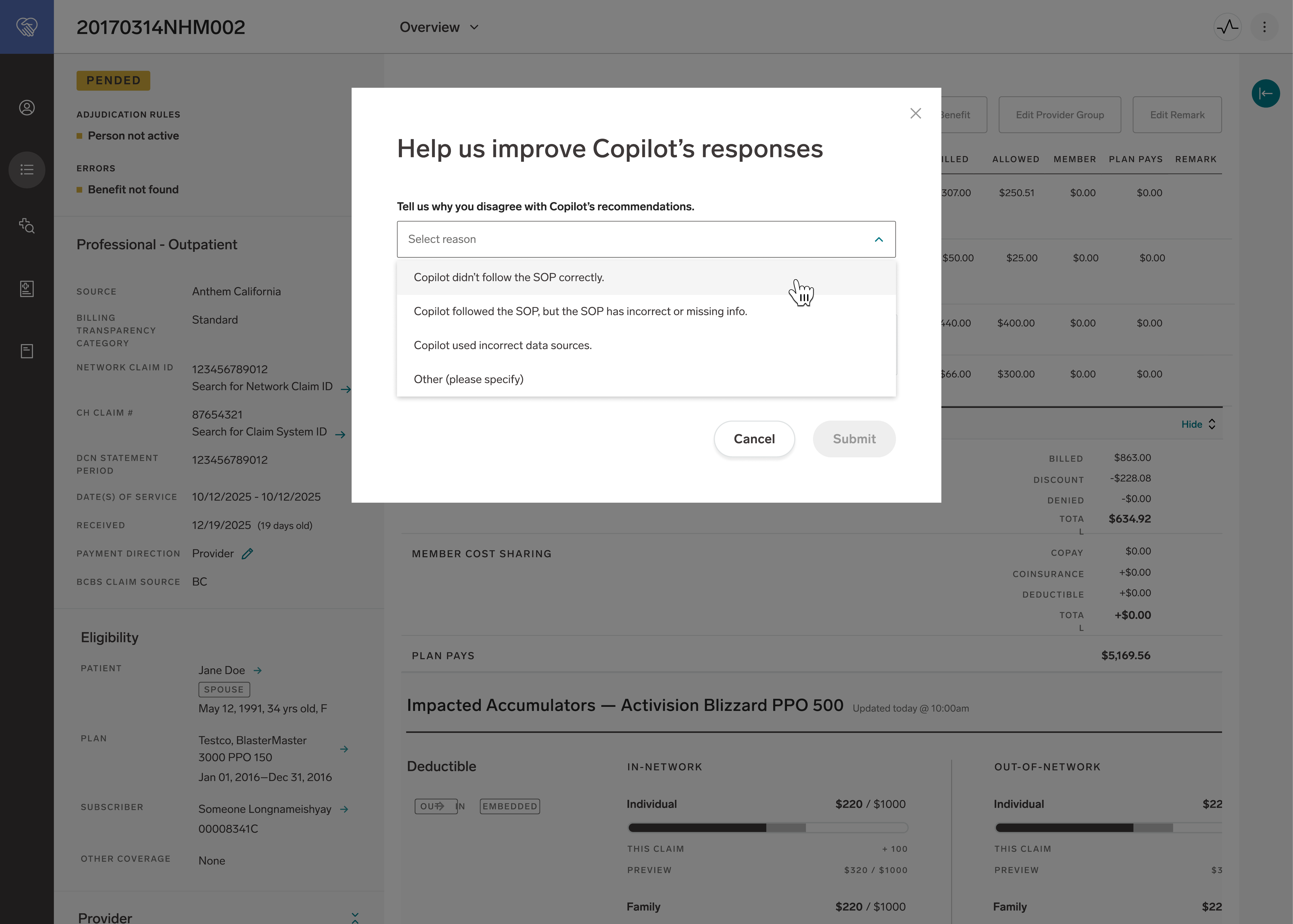 Feedback mechanism modal showing four specific failure category options